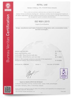 signed iso 9001 certificate of conformity for refra refrigeration equipment in english language