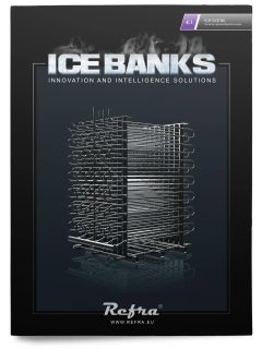 Black front cover of Refra Ice Banks product brochure with a stainless steel coil battery in it