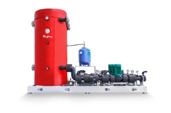 Refra heating system pump station unit with integrated red buffer tank standing straight