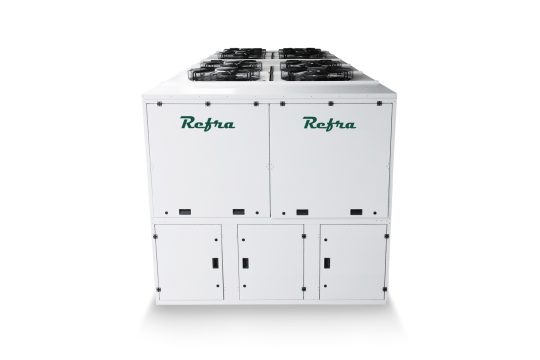 industrial air cooled chiller for refrigeration systems in a grey closed frame manufactured by refra