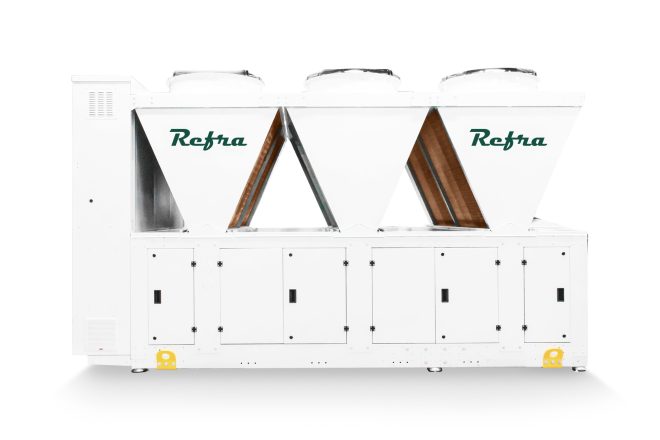 Industrial air cooled chillers for refrigeration systems in a white modular frame manufactured by Refra