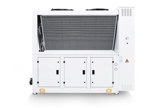industrial air cooled chiller for refrigeration systems in a white frame manufactured by refra