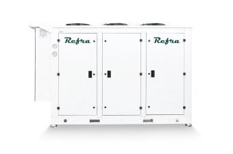 air cooled chiller for refrigeration systems in a white metal frame manufactured by refra