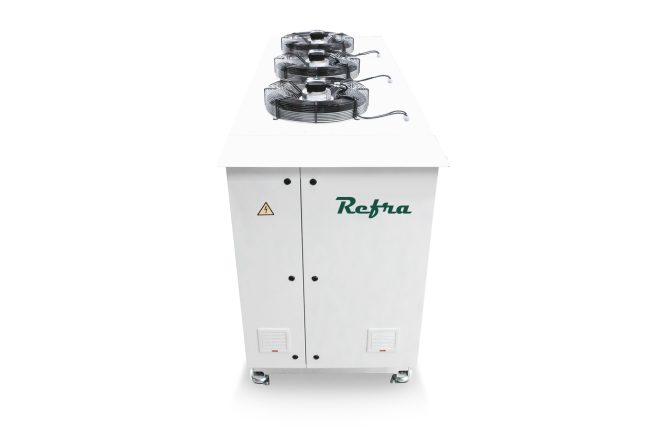 Air cooled chillers for refrigeration systems in a white metal frame manufactured by Refra