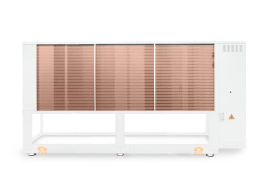 Powerful industrial air cooled condenser, manufactured by Refra on a rectangular frame with copper plate heat exchangers and fans, front view