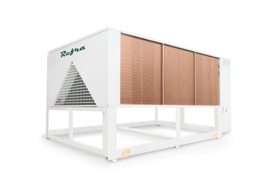 Powerful industrial air cooled condenser, manufactured by Refra on a rectangular frame with copper plate heat exchangers and fans, standing sideways