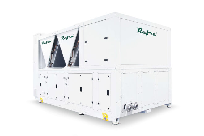 Air cooled propane chillers Galaxy Twin with full box manufactured by Refra from the left back side