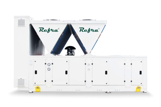 Air cooled propane chillers Galaxy Twin with half box manufactured by Refra from the front
