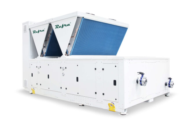 Air cooled propane chillers Galaxy Twin with half box manufactured by Refra from the left back side