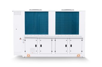air to water heat pump for refrigeration systems manufactured by refra in a white metal frame with blue heat exchangers
