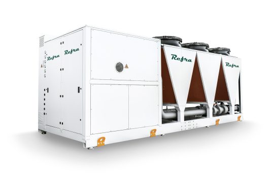 industrial air to water heat pump for refrigeration systems manufactured by refra in a white metal frame