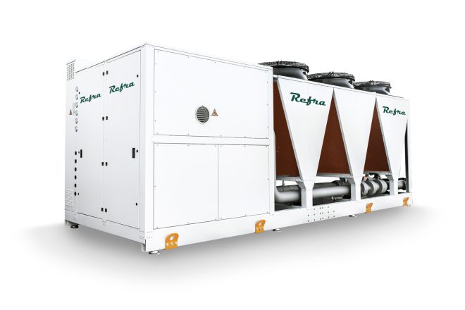 Industrial air to water heat pump for refrigeration systems manufactured by Refra in a white metal frame