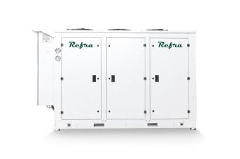 small air to water heat pump for refrigeration systems manufactured by refra in a white metal frame