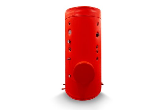 red buffer tank with a built-in double wall heat exchangers for water storage and heat recovery function manufactured by Refra