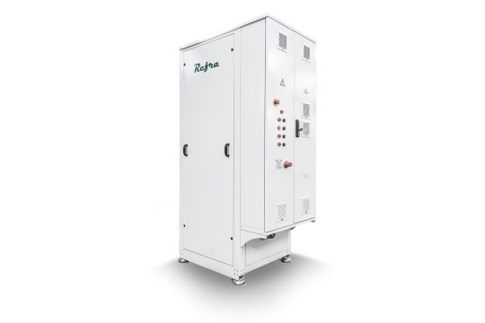 CO2 refrigeration unit manufactured by refra in a white vertical frame
