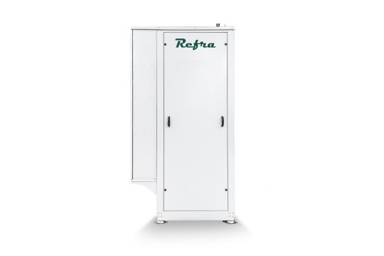 CO2 refrigeration unit manufactured by refra in a white vertical frame