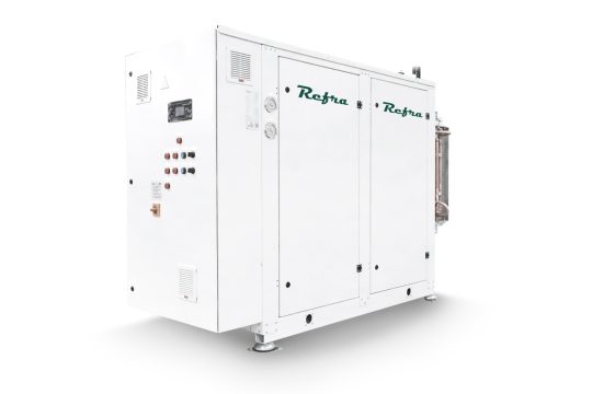subcritical liquid cooled CO2 refrigeration system manufactured by refra in a white closed frame