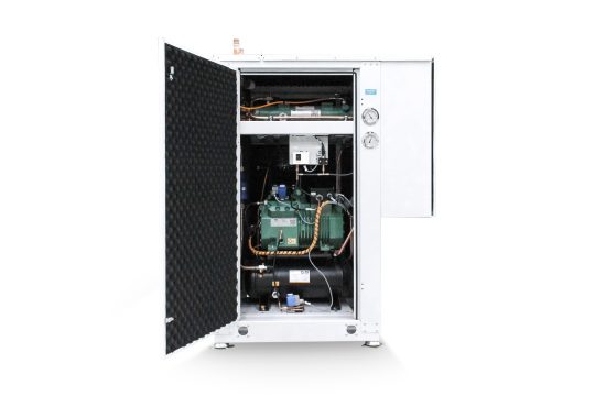liquid cooled condensing unit manufactured by refra in a white opened frame