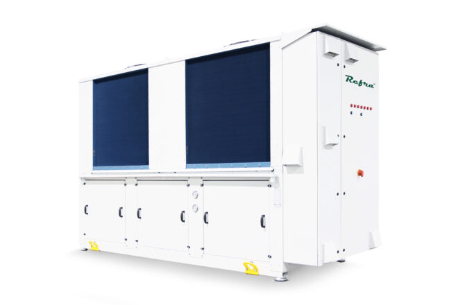 Air to water reversible Ignis heat pump manufactured by Refra from the left side