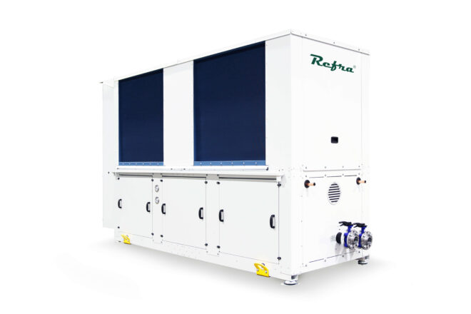 Air to water reversible Ignis heat pump manufactured by Refra from the left back side