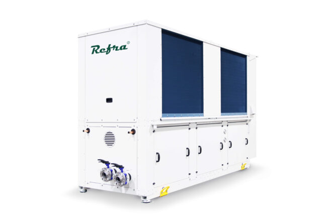 Air to water reversible Ignis heat pump manufactured by Refra from the right back side