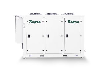 air cooled condensing unit manufactured by refra in a white frame