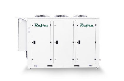Air cooled condensing units manufactured by Refra in a white frame