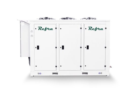 air cooled condensing unit manufactured by refra in a white frame