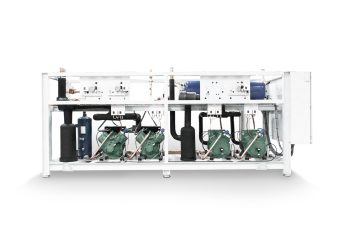 Refrigeration compressor rack system assembled with reciprocating compressors, manufactured by Refra, front view