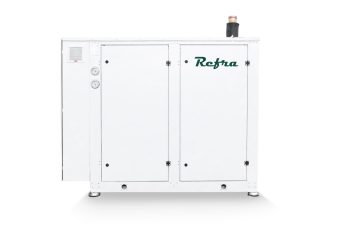 Refrigeration compressor rack system assembled with reciprocating compressors, manufactured in a white metal frame by Refra, front view