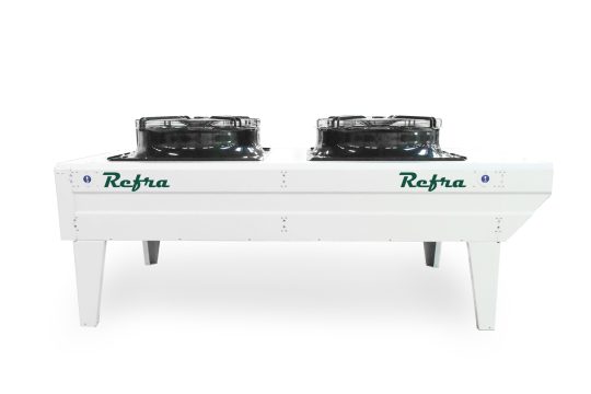 Dry cooler, assembled on a metal four leg frame with two fans, manufactured by Refra, standing straight