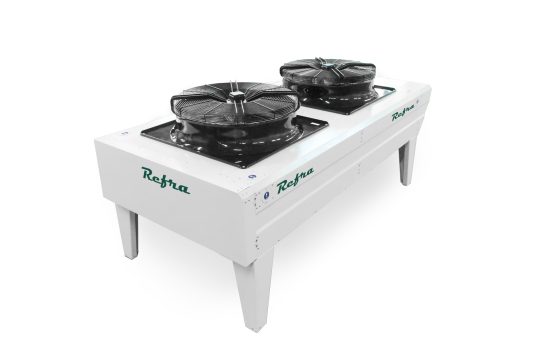 Dry cooler, assembled on a metal four leg frame with two fans, manufactured by Refra, standing sideways