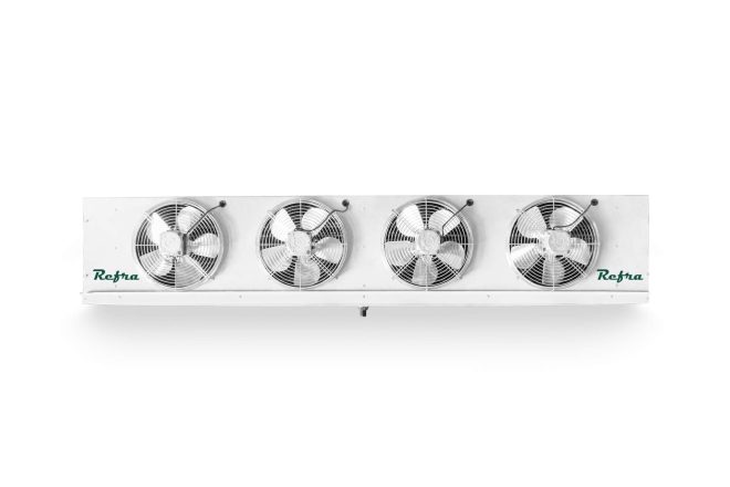 White commercial evaporators for cooling systems manufactured by Refra standing straight