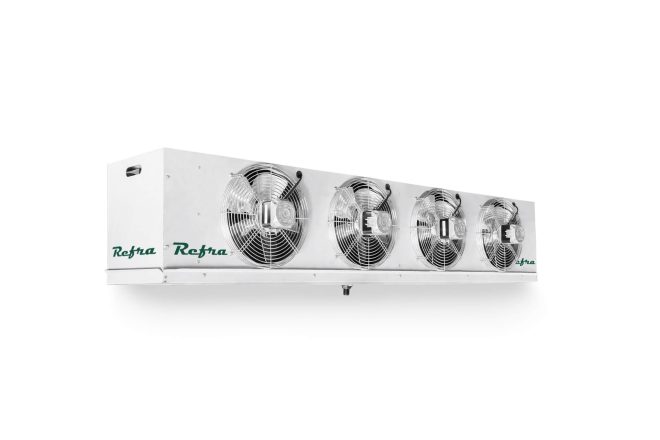 White commercial evaporator for cooling systems manufactured by Refra standing sideways