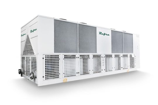 industrial chiller with free cooling option manufactured by refra in a grey metal frame