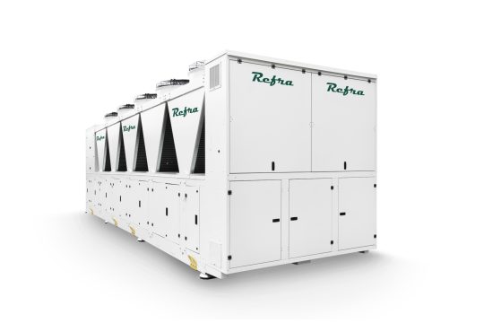 industrial air cooled chiller for refrigeration systems in a white modular frame manufactured by refra