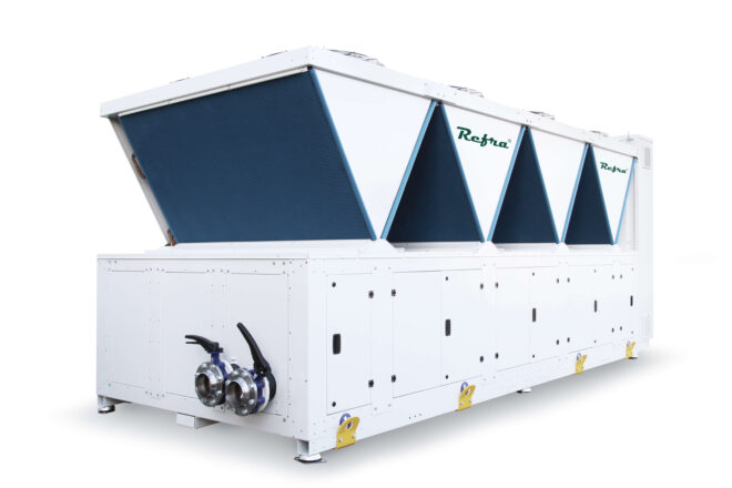 Air cooled propane chillers Galaxy Quad manufactured by Refra from the left back side