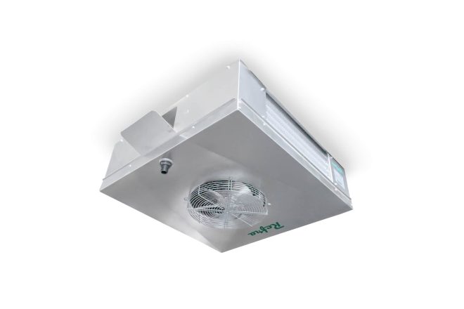 Stainless steel commercial evaporator for air conditioning systems manufactured by Refra mounted to the ceiling