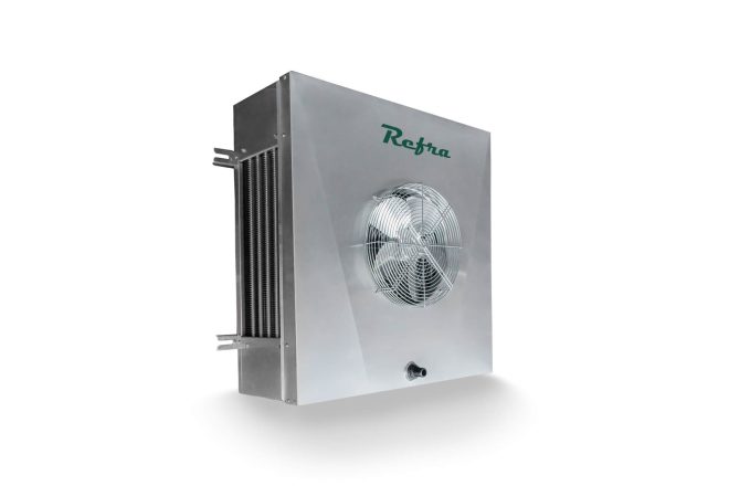Stainless steel commercial evaporator for air conditioning systems manufactured by Refra standing sideways