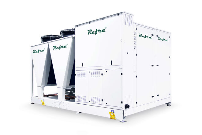 Air to water propane Solis heat pump manufactured by Refra from the left side
