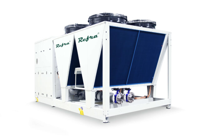 Air to water propane Solis heat pump manufactured by Refra from the left back side
