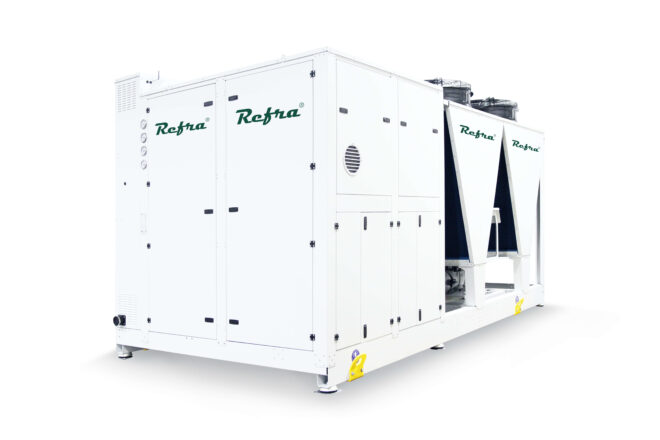 Air to water propane Solis heat pump manufactured by Refra from the right side
