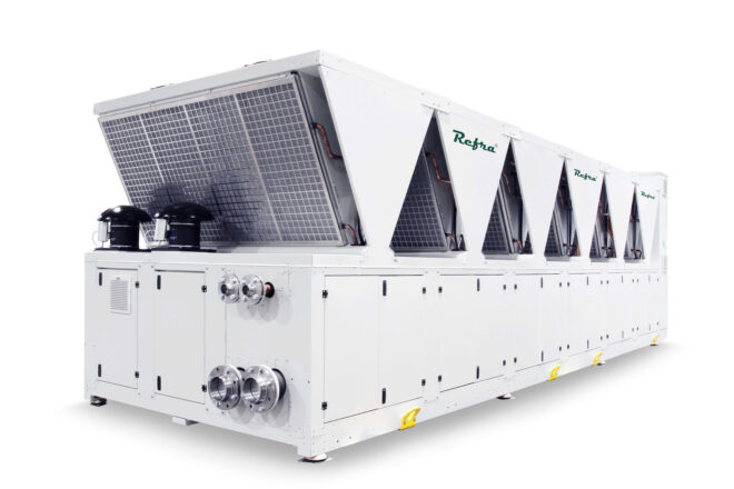 Air cooled propane chillers Galaxy Quad manufactured by Refra from the left back side