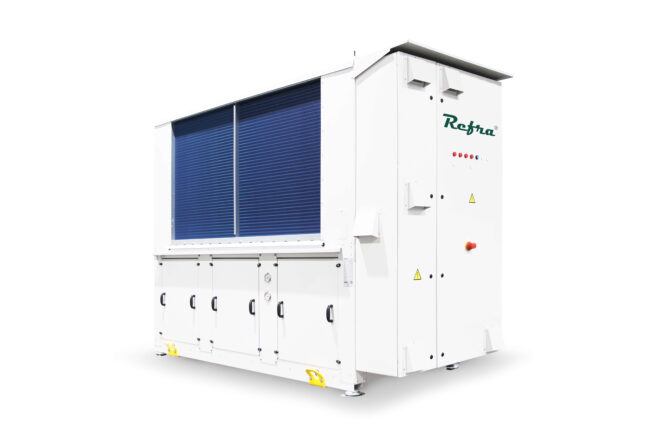 Air to water Ignis heat pump manufactured by Refra from the left side