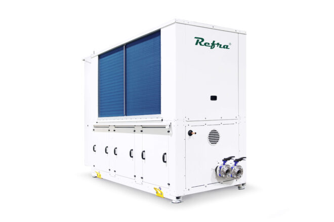 Air to water Ignis heat pump manufactured by Refra from the left back side