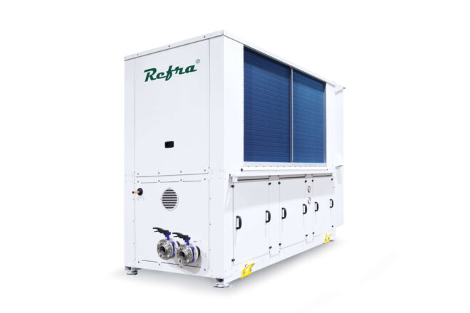 Air to water Ignis heat pump manufactured by Refra from the right back side