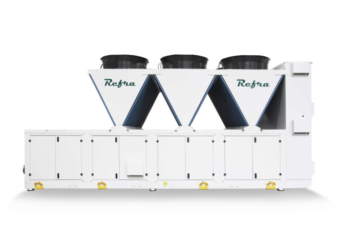 Air cooled industrial chillers with half box manufactured by Refra from the back