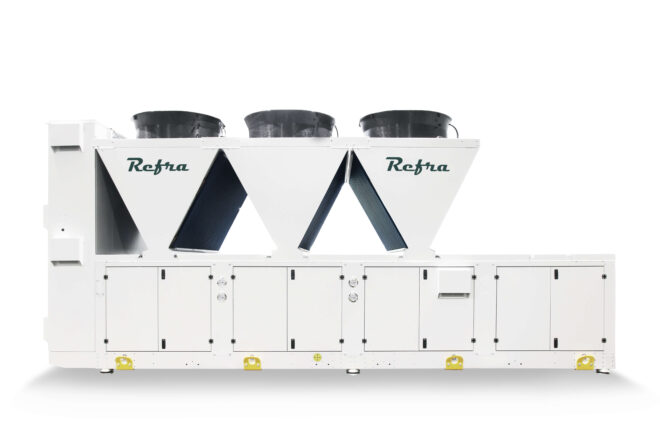 Air cooled industrial chillers with half box manufactured by Refra from the front