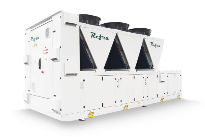 Air cooled industrial chillers with half box manufactured by Refra from the left side