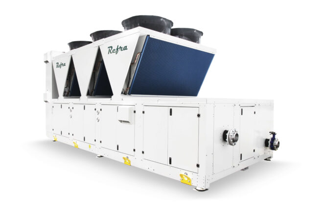 Air cooled industrial chillers with half box manufactured by Refra from the back right side